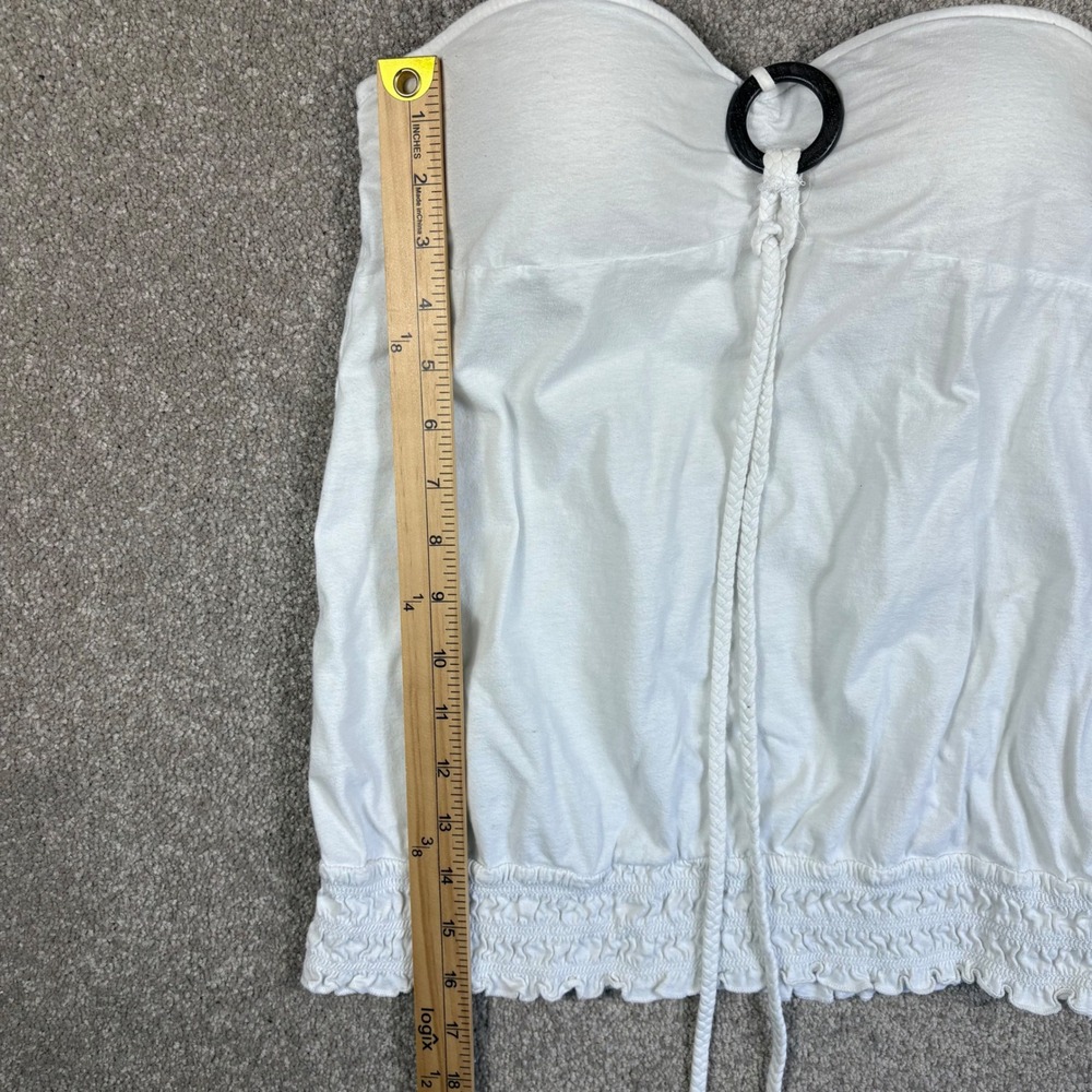 L.E.I. White Strapless Tube Top XL Y2K Boho Ring Detail Braided Tassel Smocked - Picture 7 of 8